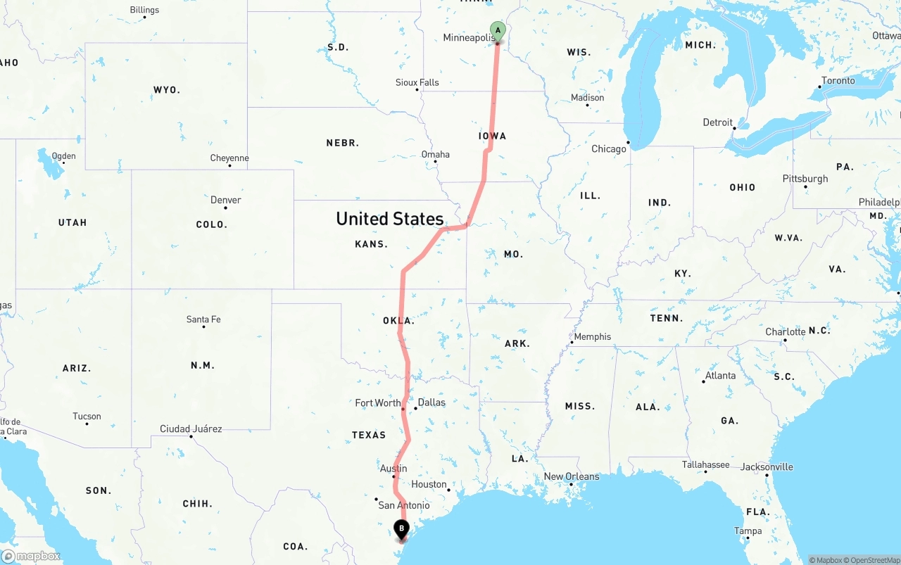 Shipping route from Minneapolis to Corpus Christi