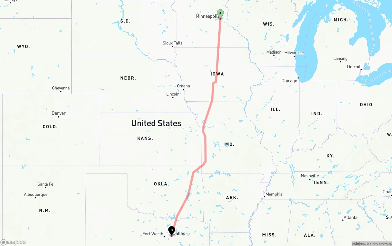 Shipping route from Minneapolis to Dallas