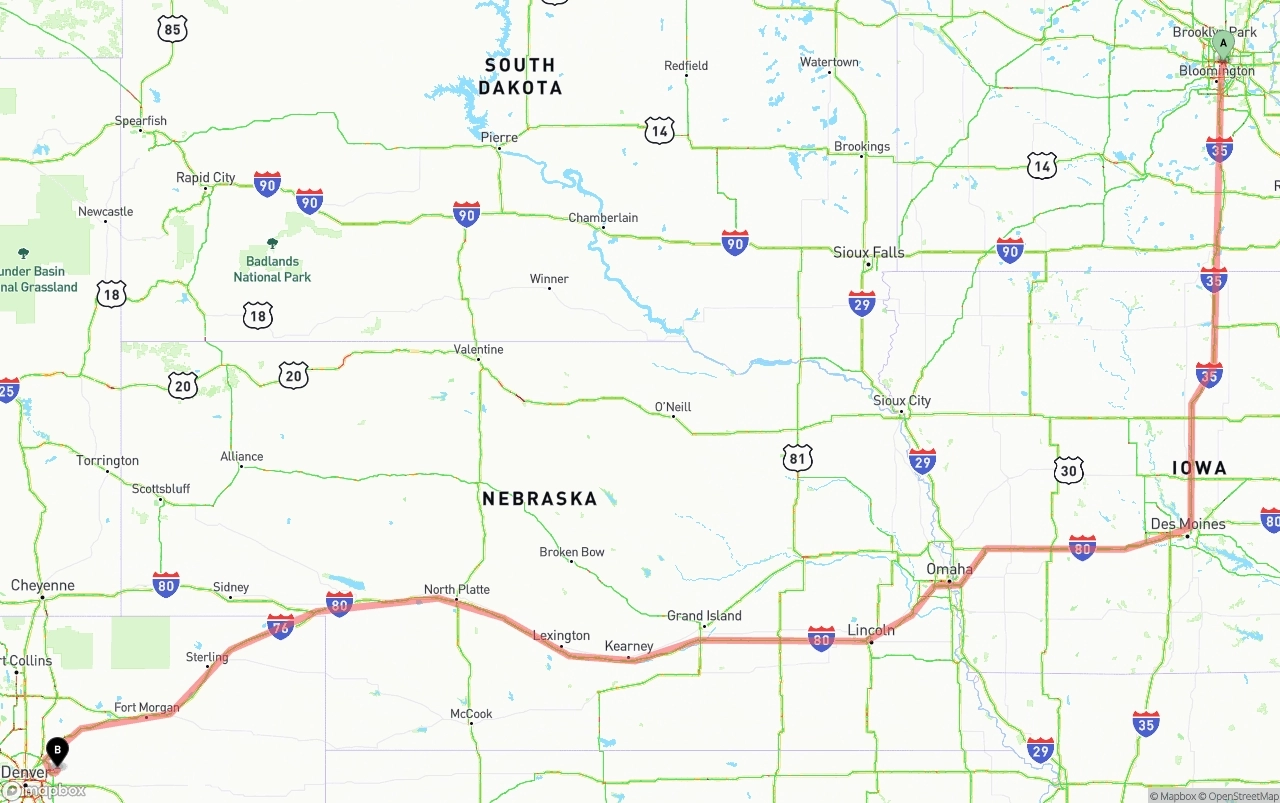 Shipping route from Minneapolis to Denver International Airport