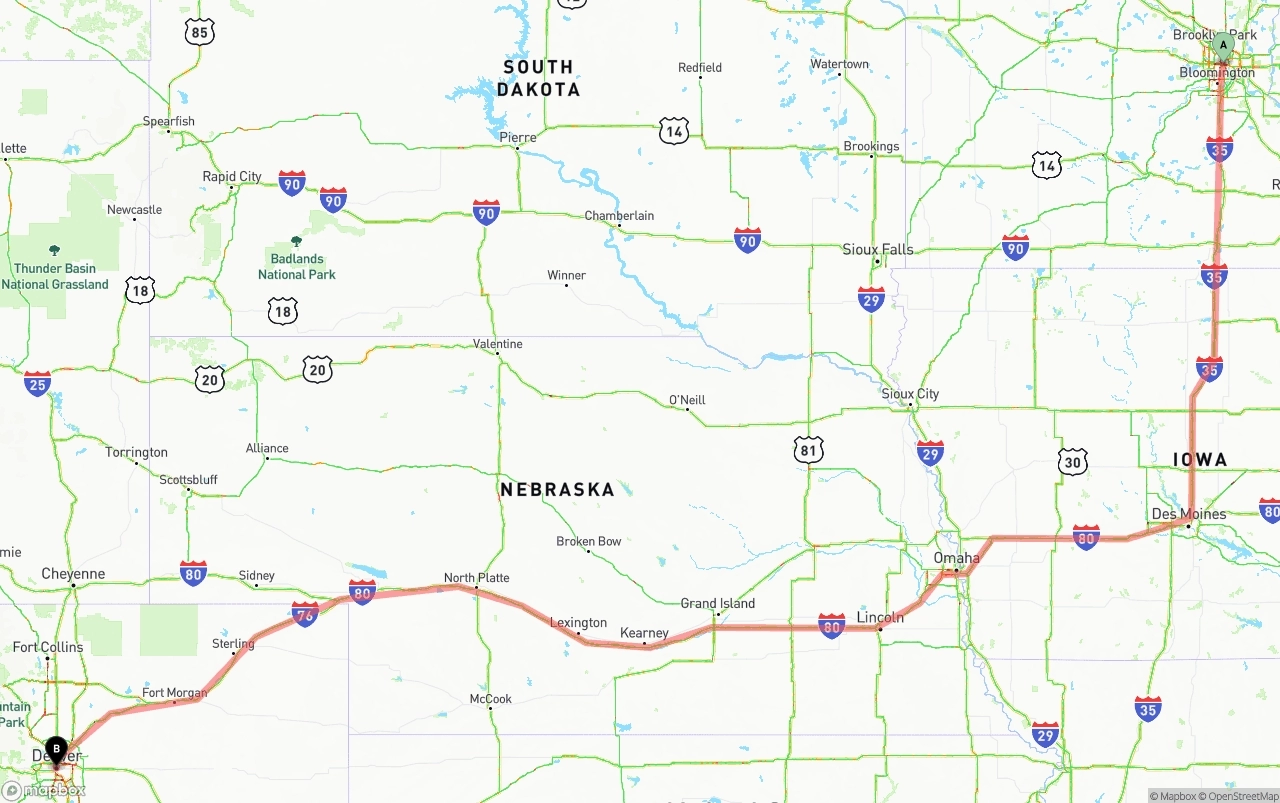 Shipping route from Minneapolis to Denver