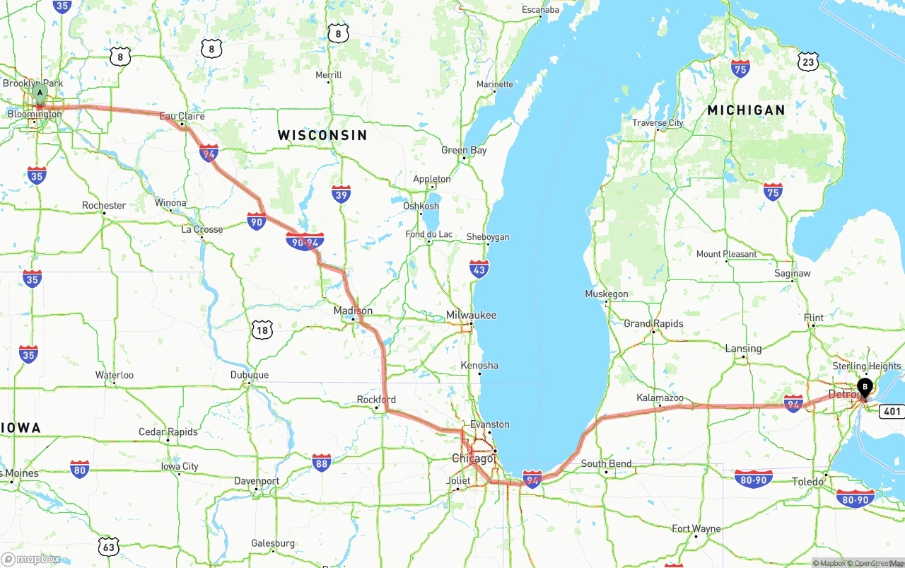 Shipping route from Minneapolis to Detroit