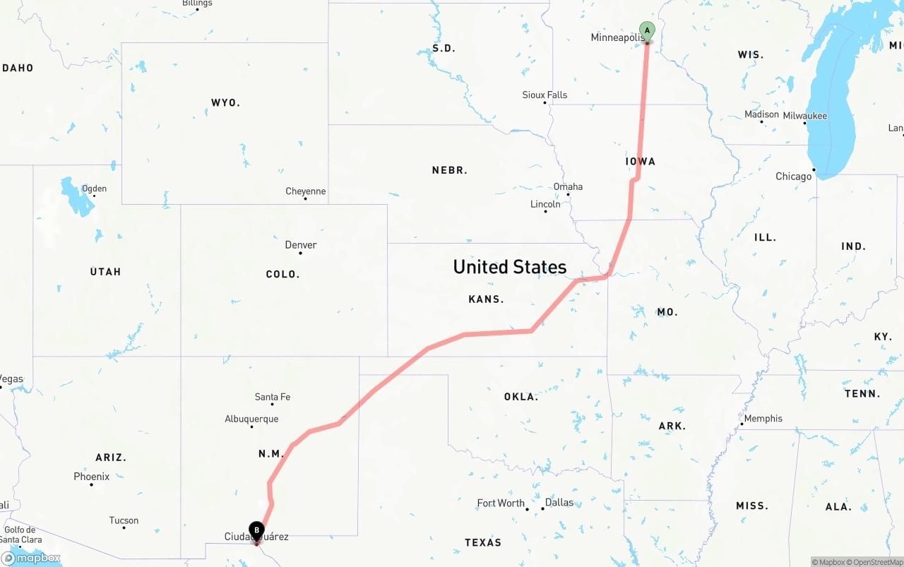 Shipping route from Minneapolis to El Paso