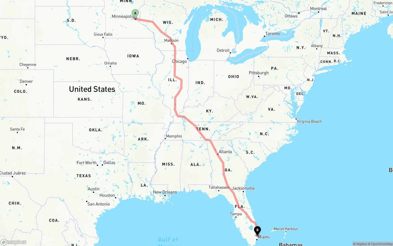 Shipping route from Minneapolis to Ft. Lauderdale