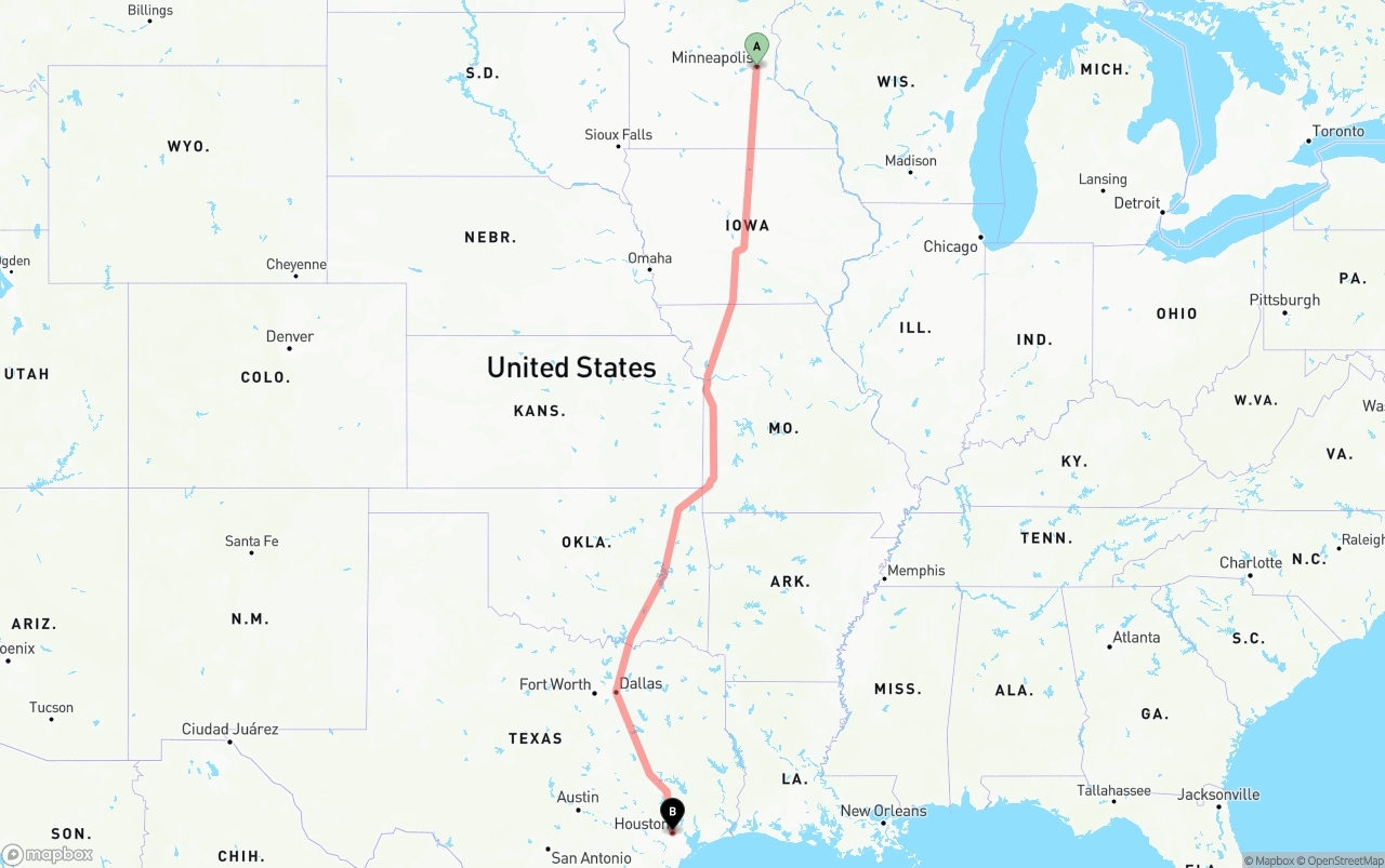 Shipping route from Minneapolis to Houston