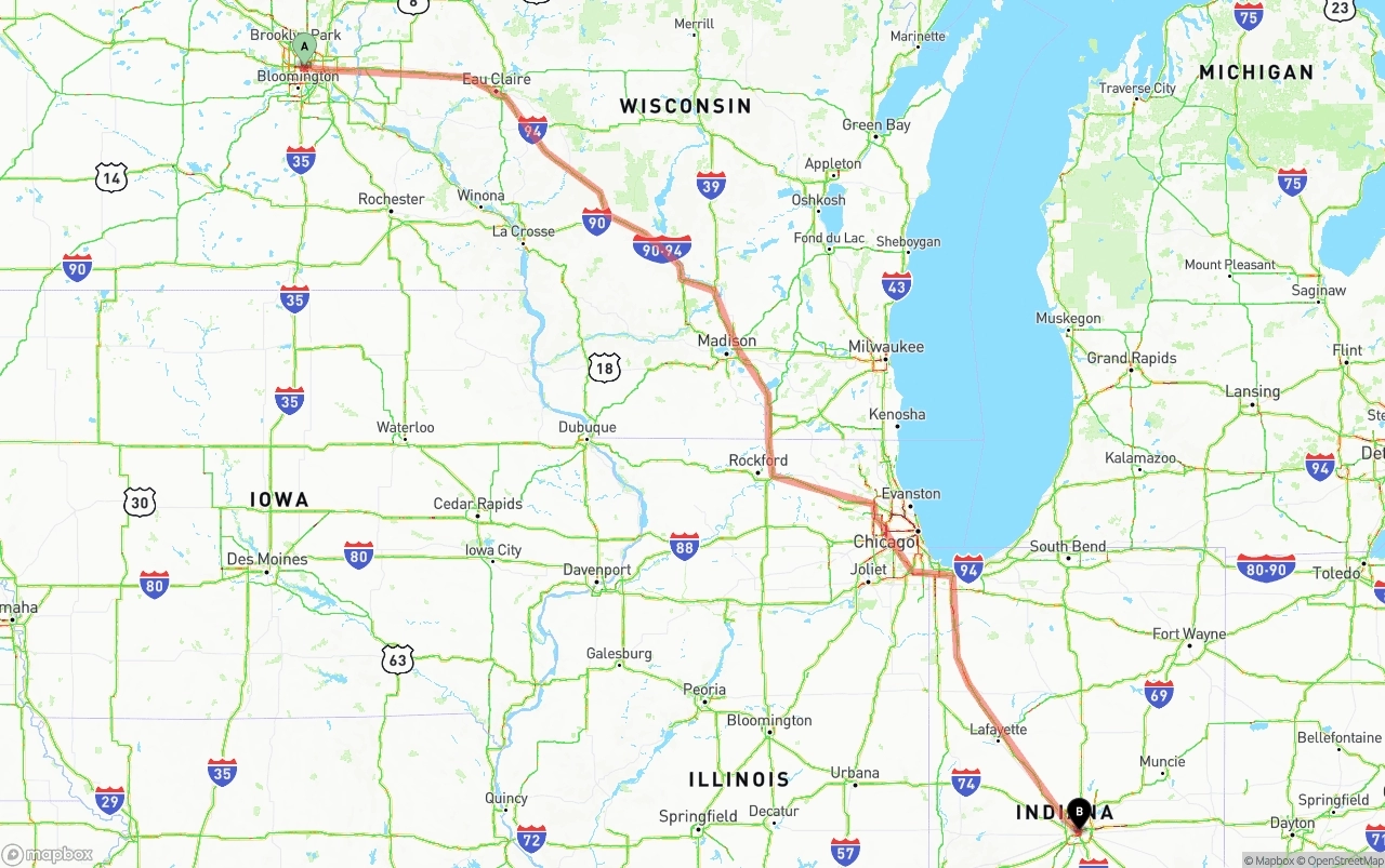Shipping route from Minneapolis to Indianapolis