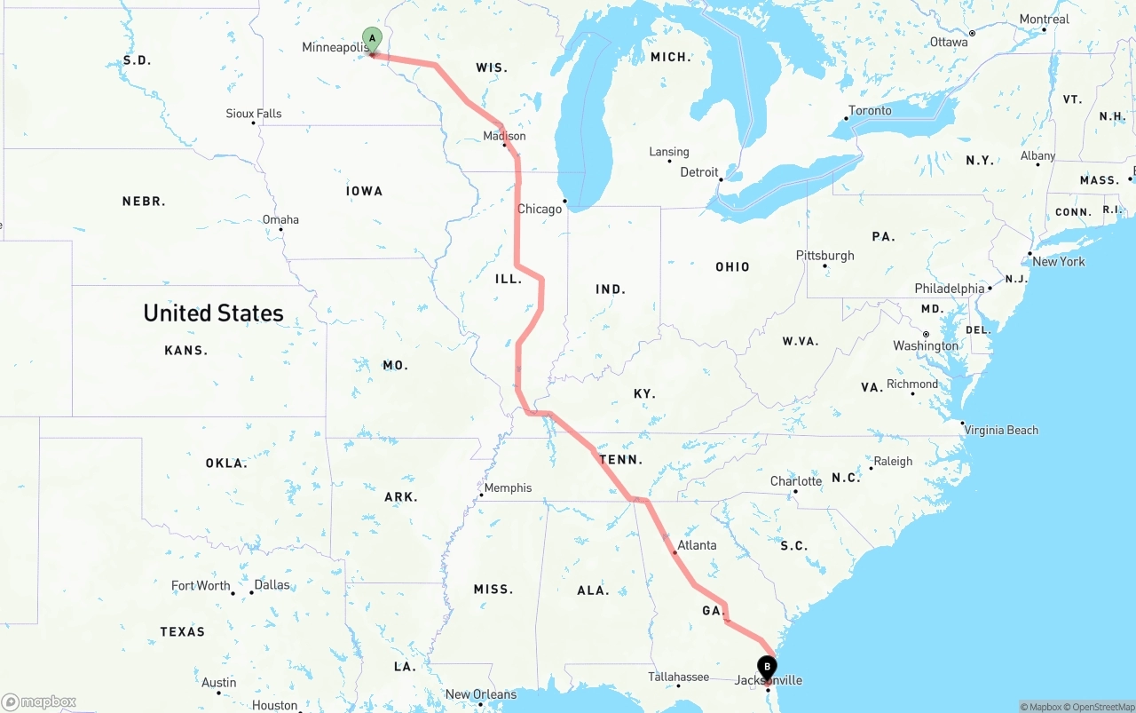 Shipping route from Minneapolis to Jacksonville International Airport