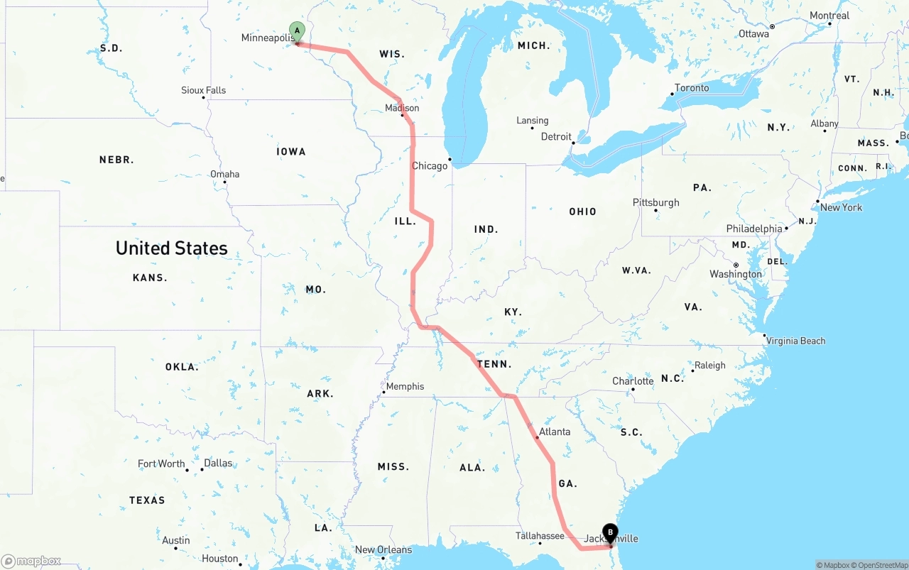 Shipping route from Minneapolis to Jacksonville