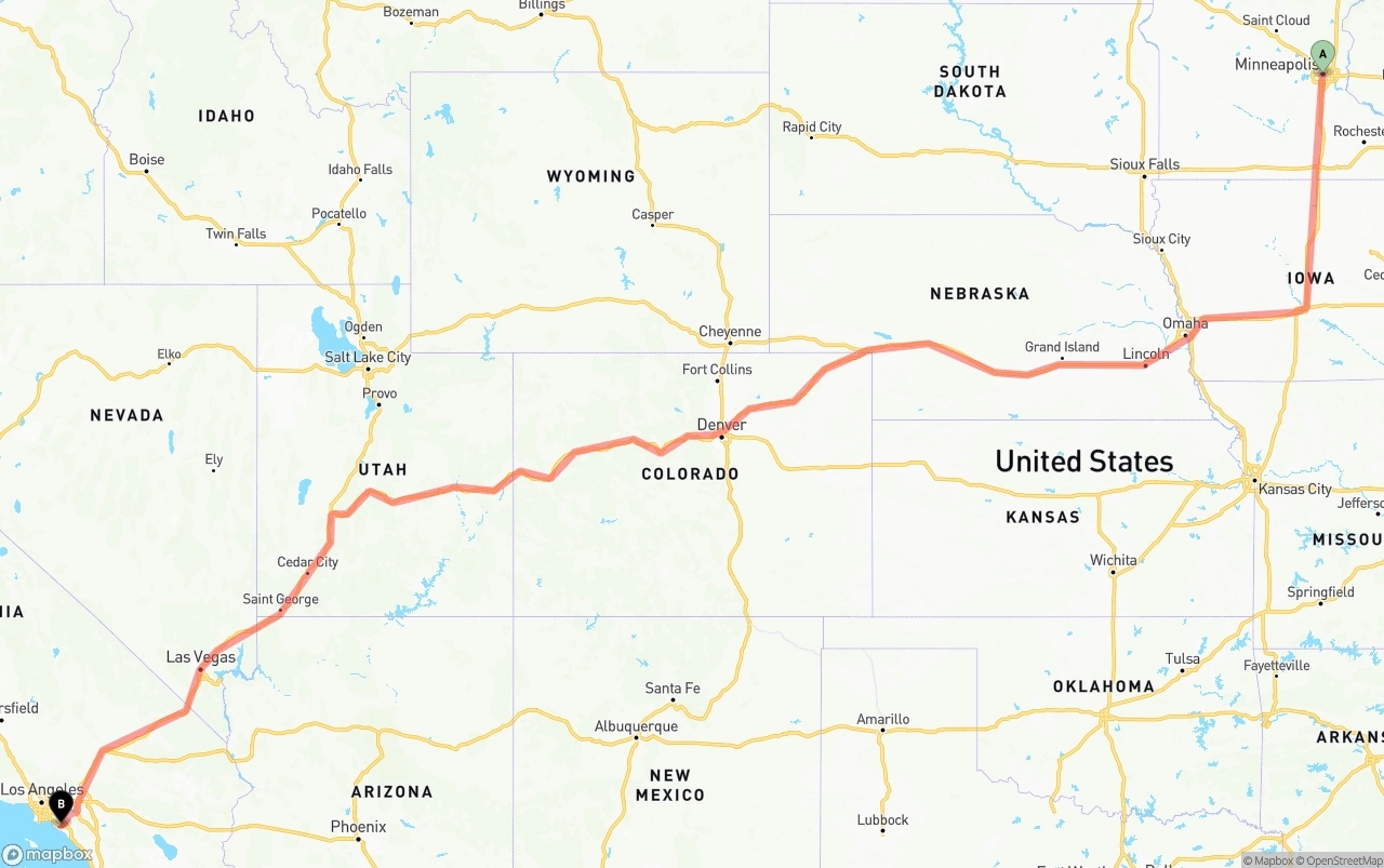 Shipping route from Minneapolis to John Wayne Airport — Orange County