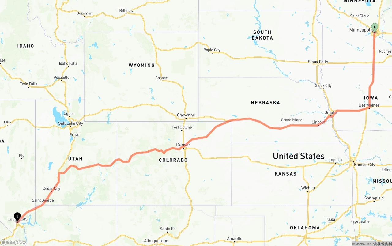 Shipping route from Minneapolis to Las Vegas
