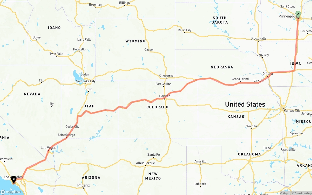 Shipping route from Minneapolis to Long Beach