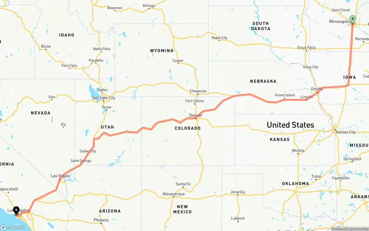 Shipping route from Minneapolis to Los Angeles International Airport
