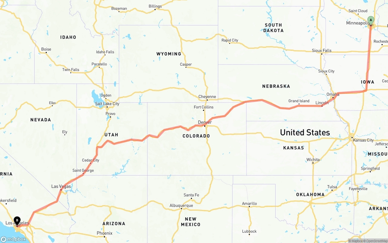 Shipping route from Minneapolis to Los Angeles