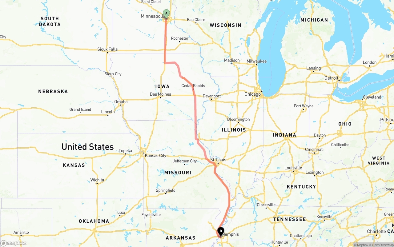 Shipping route from Minneapolis to Memphis