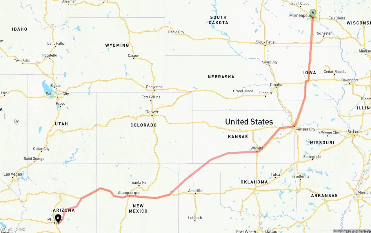 Shipping route from Minneapolis to Mesa