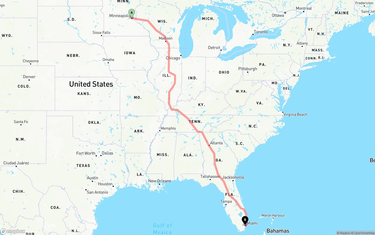 Shipping route from Minneapolis to Miami International Airport