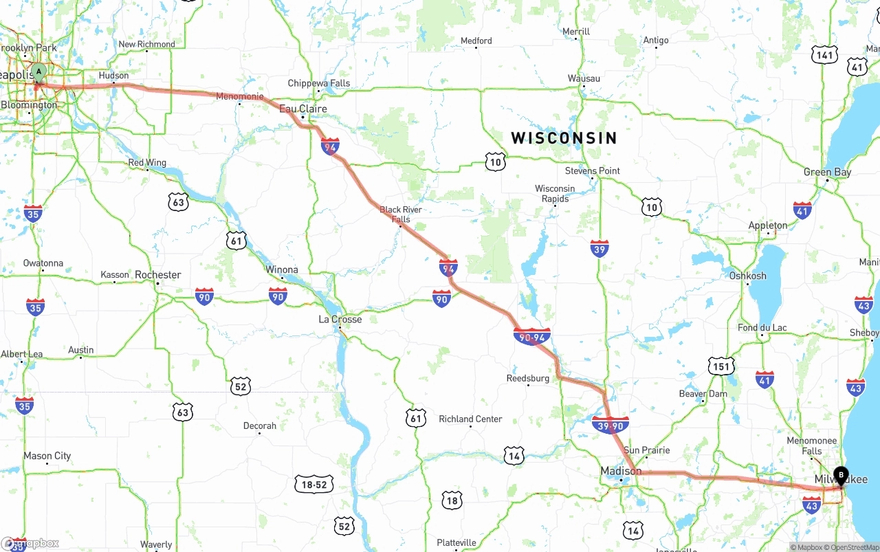 Shipping route from Minneapolis to Milwaukee