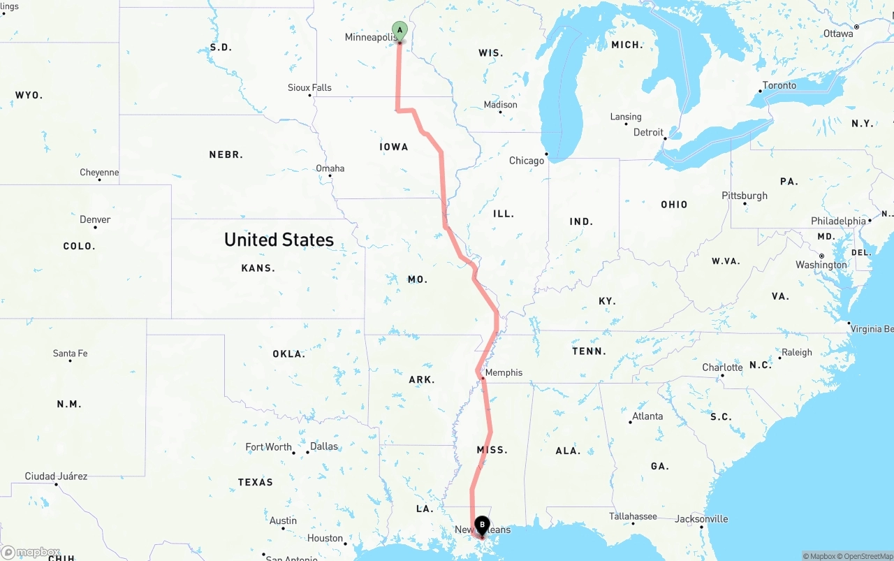 Shipping route from Minneapolis to New Orleans