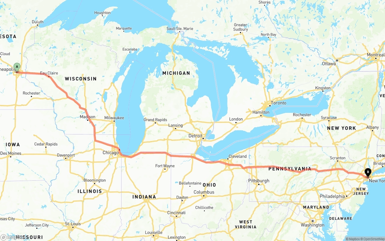 Shipping route from Minneapolis to New York City