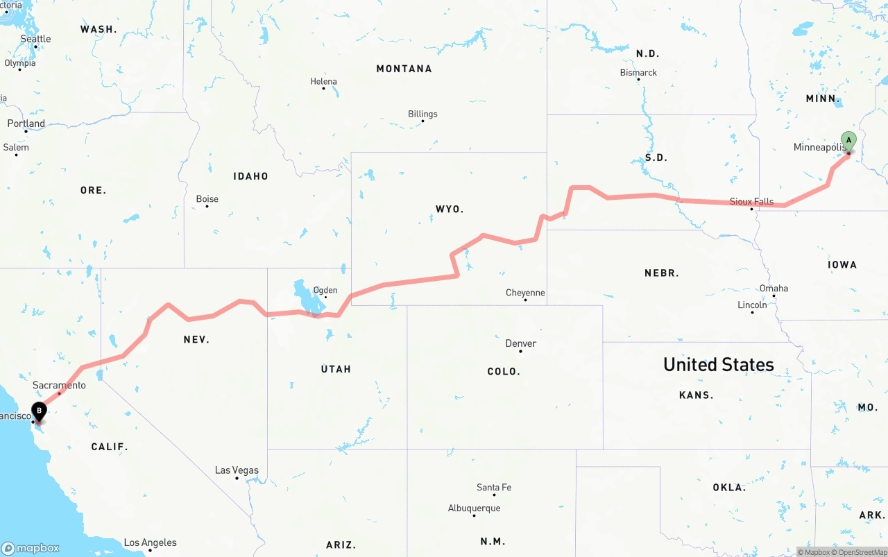 Shipping route from Minneapolis to Oakland International Airport