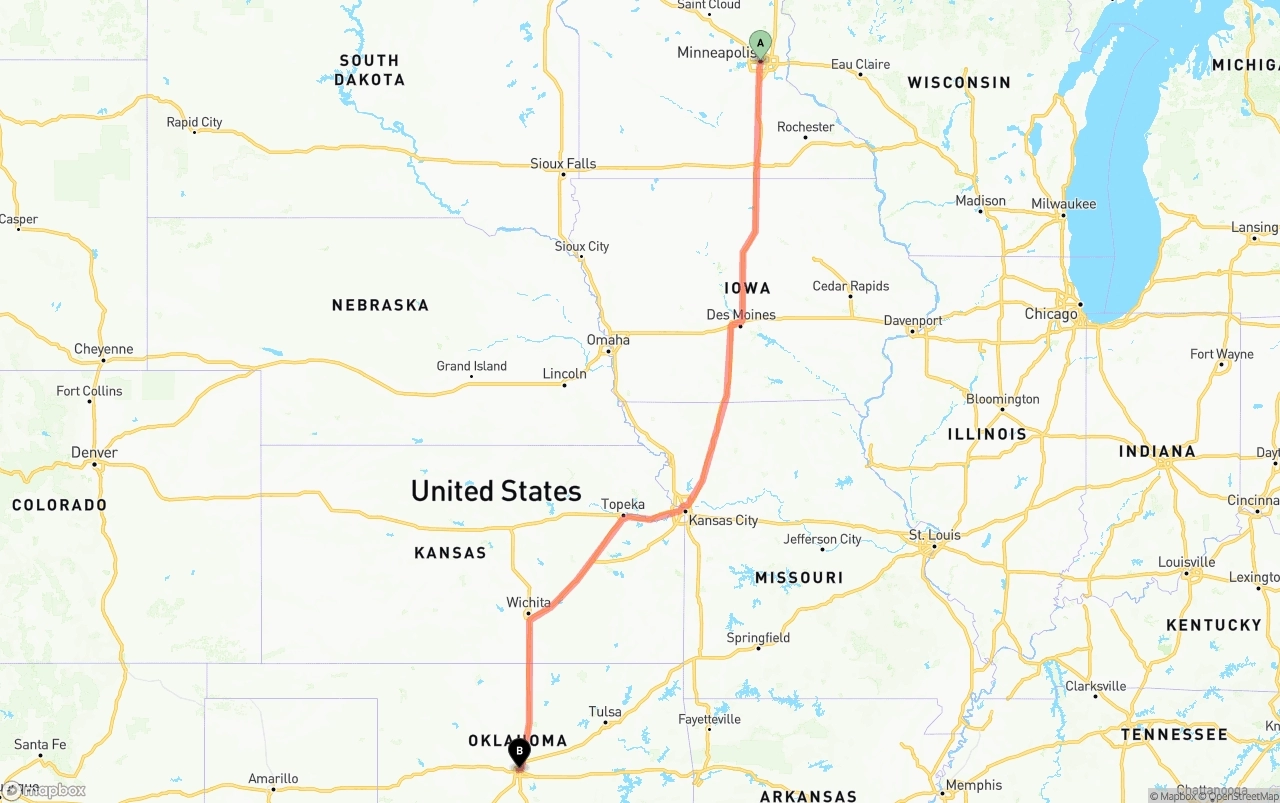 Shipping route from Minneapolis to Oklahoma City