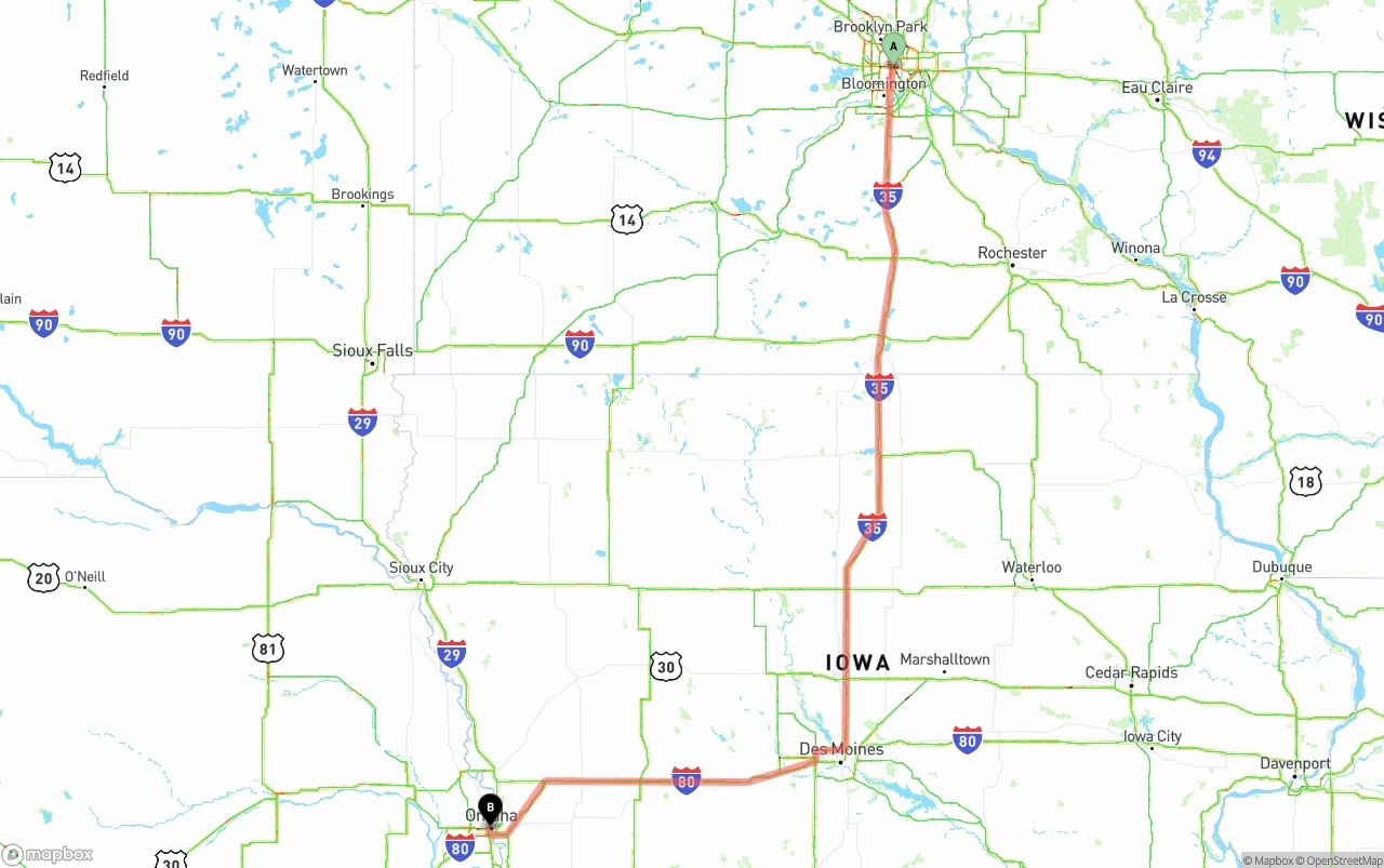Shipping route from Minneapolis to Omaha