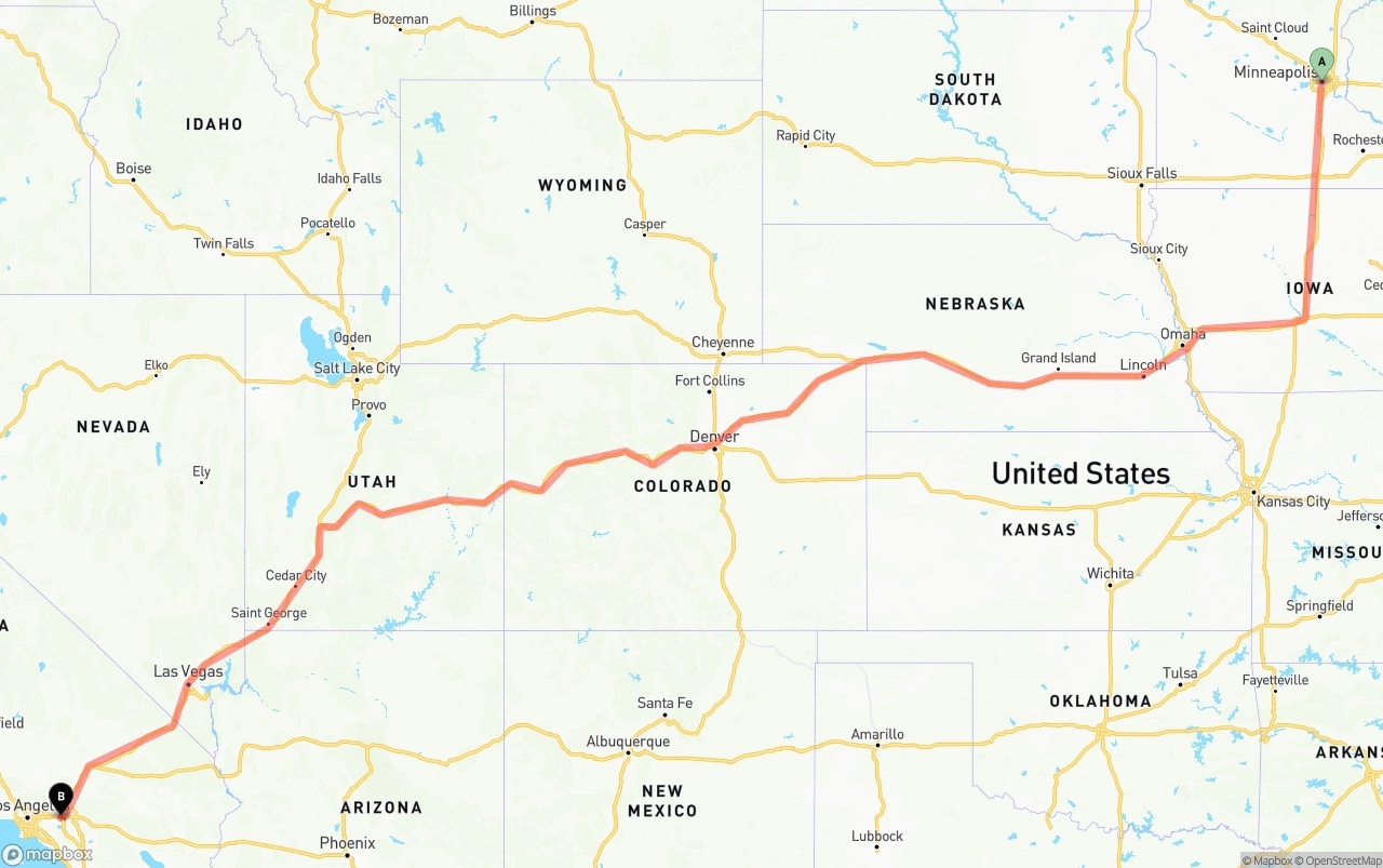 Shipping route from Minneapolis to Ontario International Airport