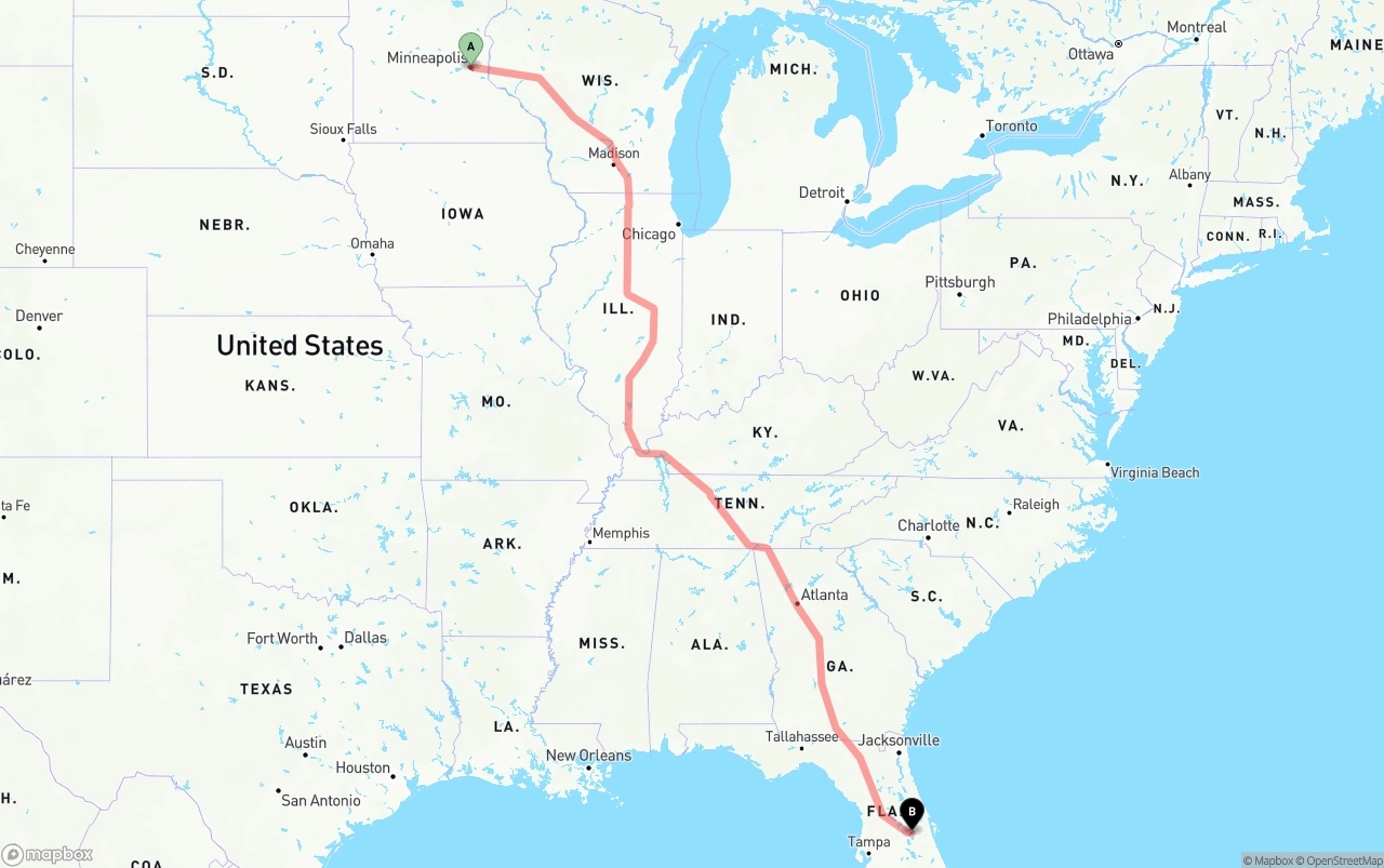 Shipping route from Minneapolis to Orlando International Airport