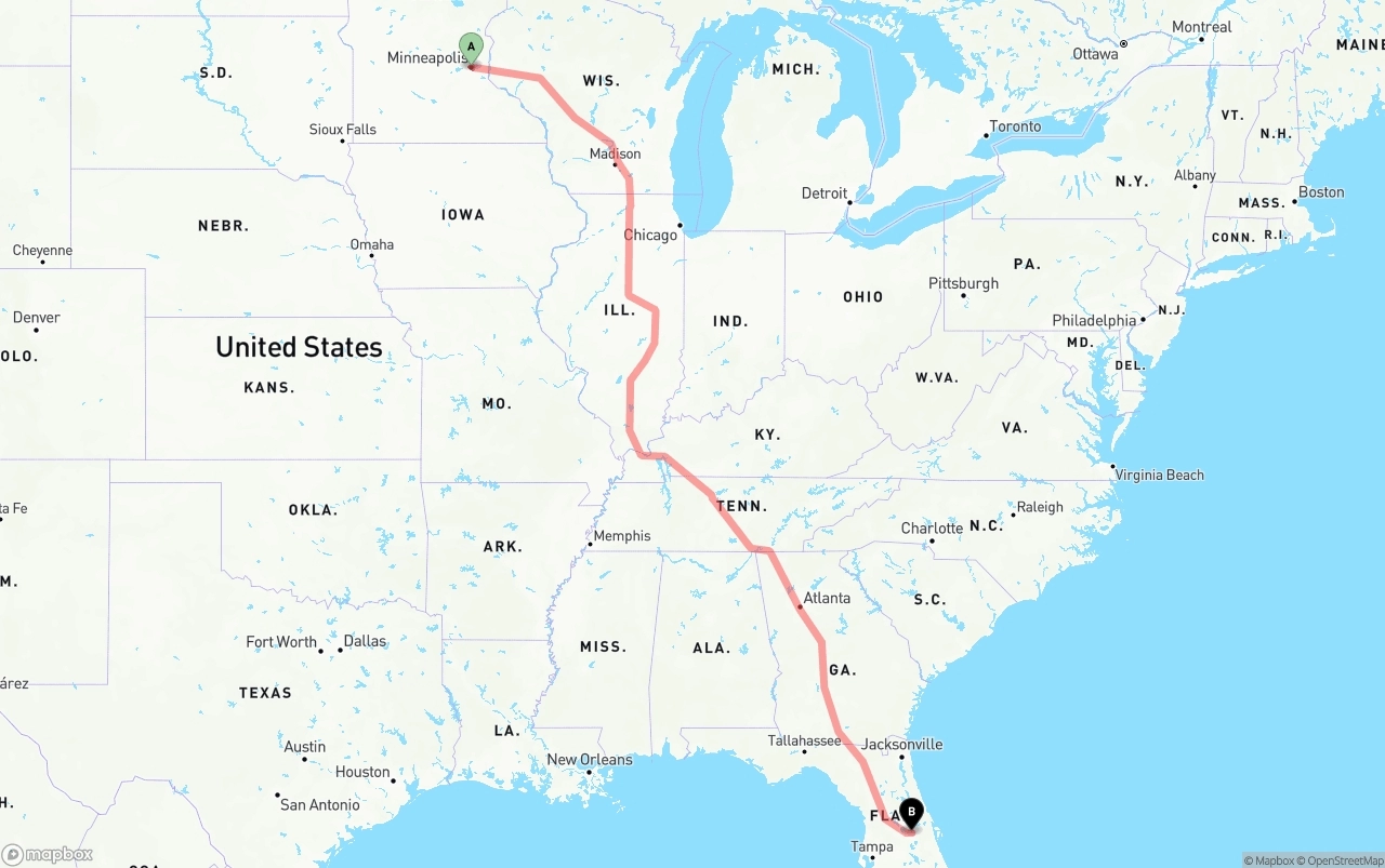 Shipping route from Minneapolis to Orlando