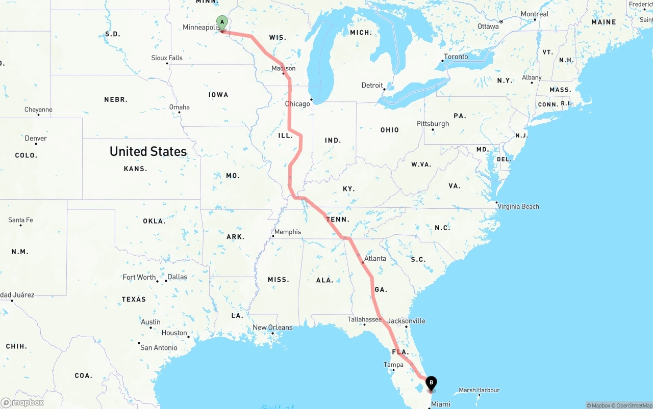 Shipping route from Minneapolis to Palm Beach International Airport