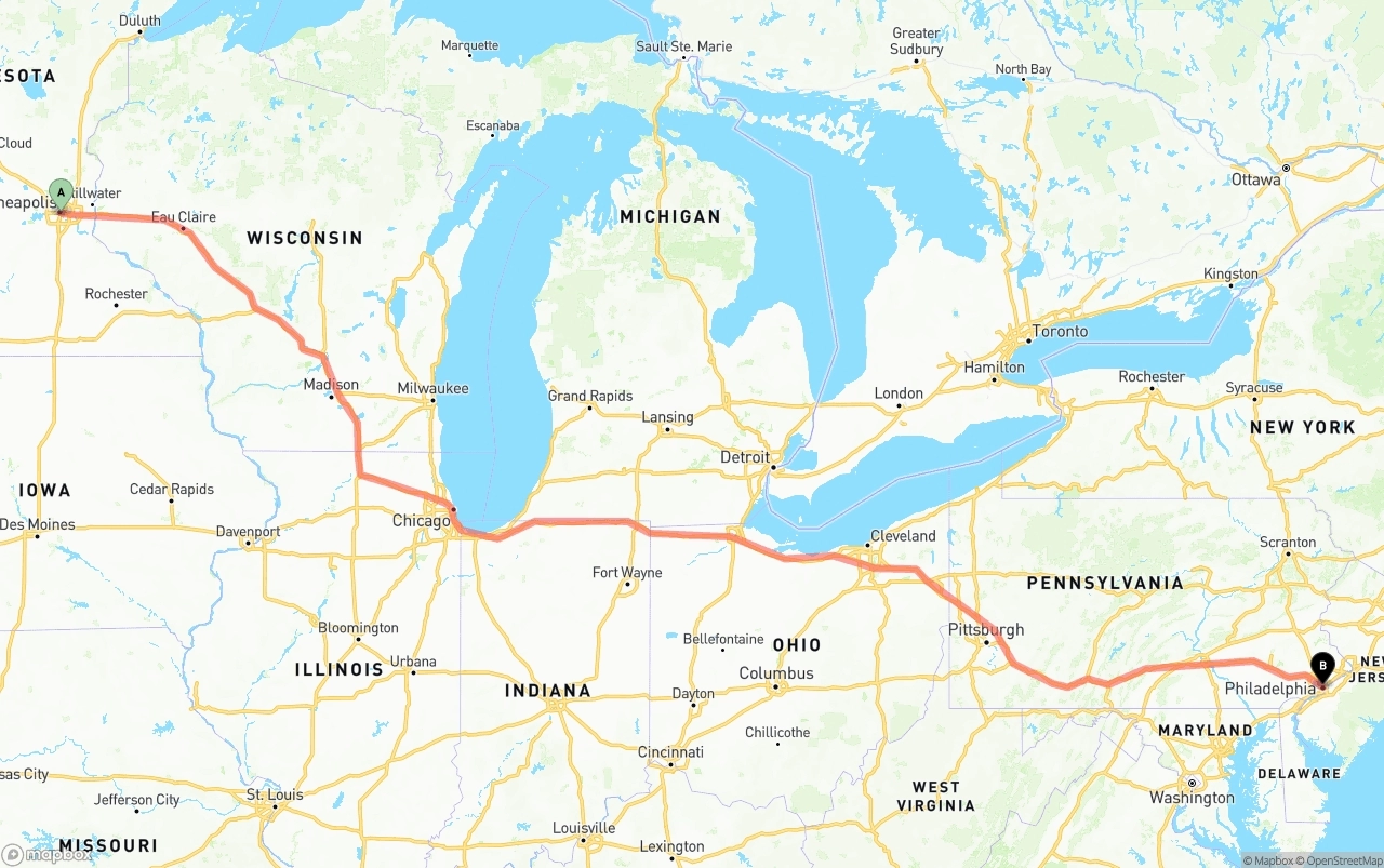 Shipping route from Minneapolis to Philadelphia