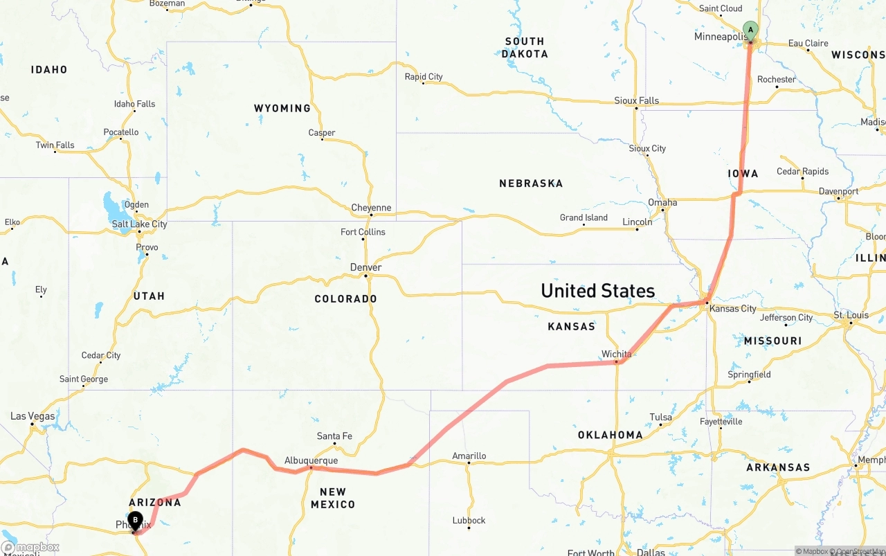 Shipping route from Minneapolis to Phoenix Sky Harbor International Airport
