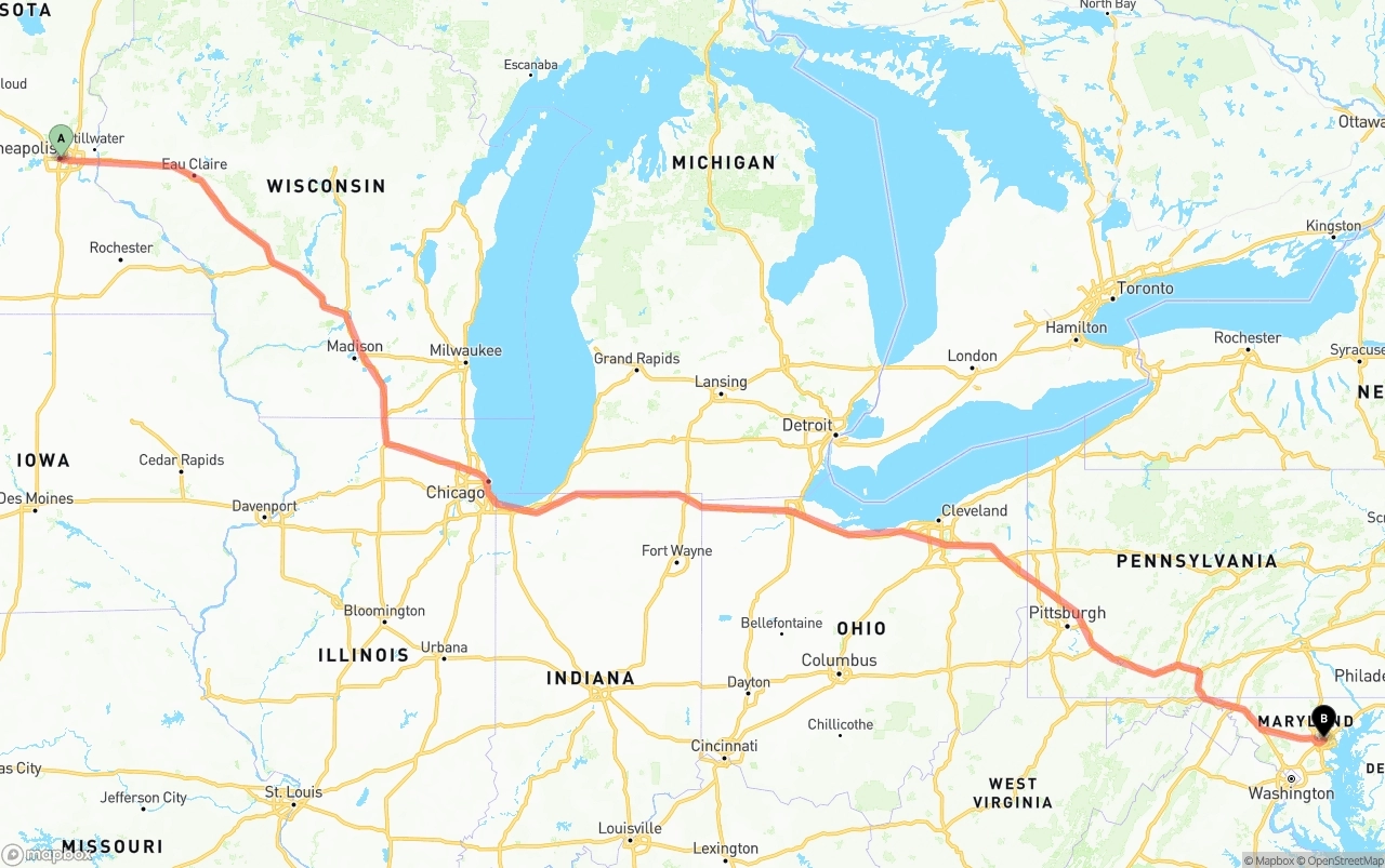 Shipping route from Minneapolis to Port of Baltimore