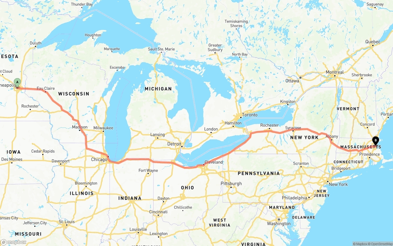 Shipping route from Minneapolis to Port of Boston
