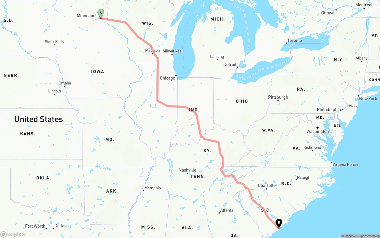 Shipping route from Minneapolis to Port of Charleston