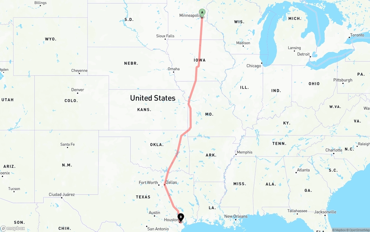Shipping route from Minneapolis to Port of Houston
