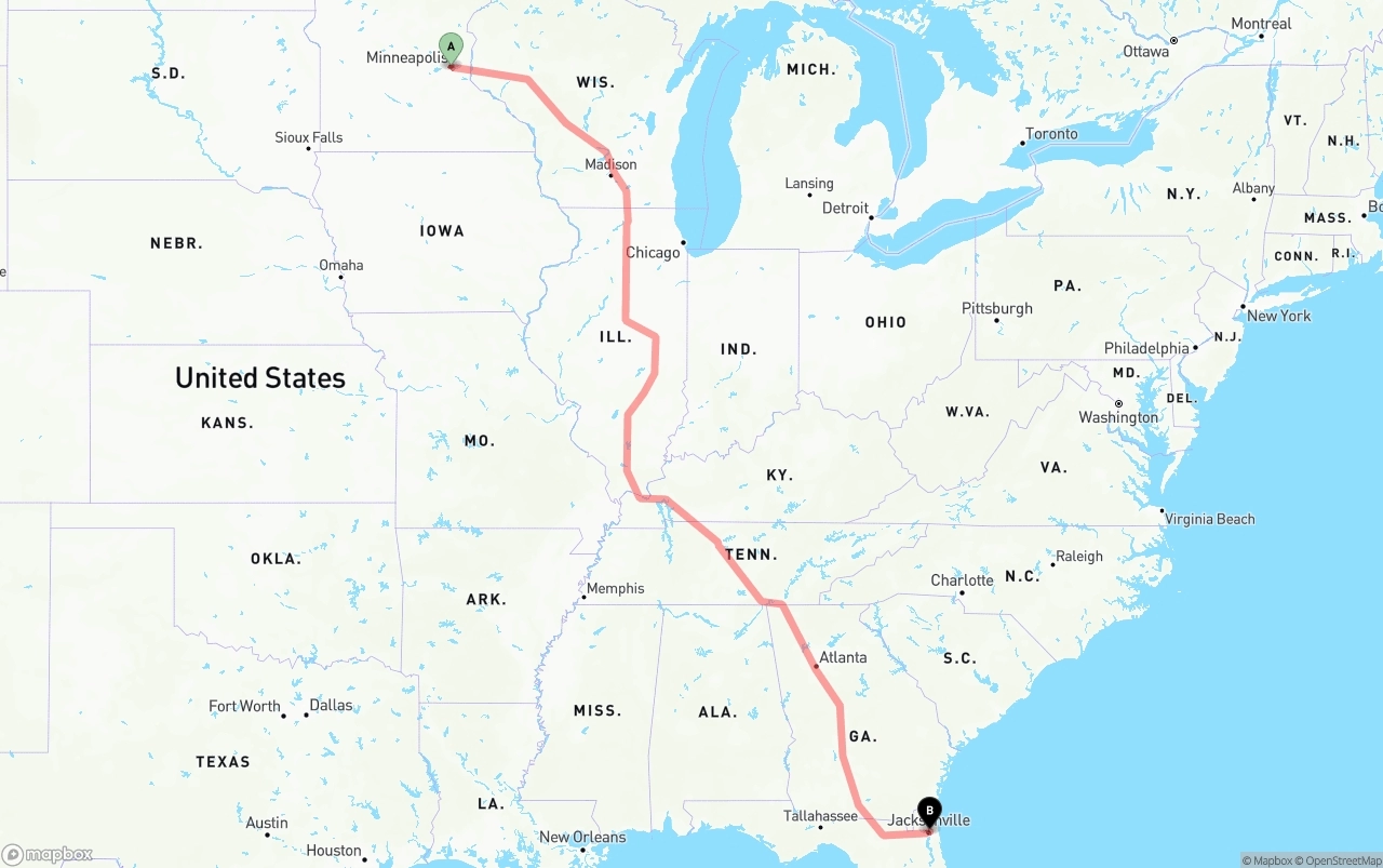 Shipping route from Minneapolis to Port of Jacksonville
