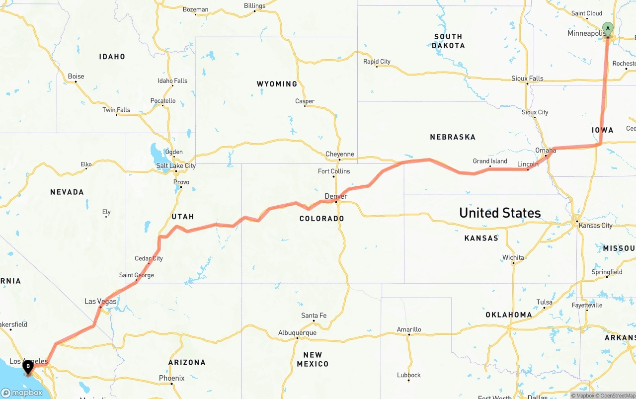 Shipping route from Minneapolis to Port of Los Angeles