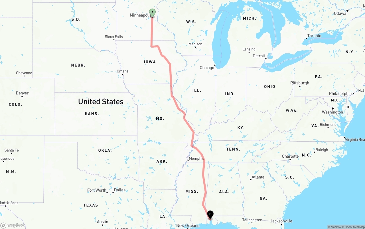 Shipping route from Minneapolis to Port of Mobile