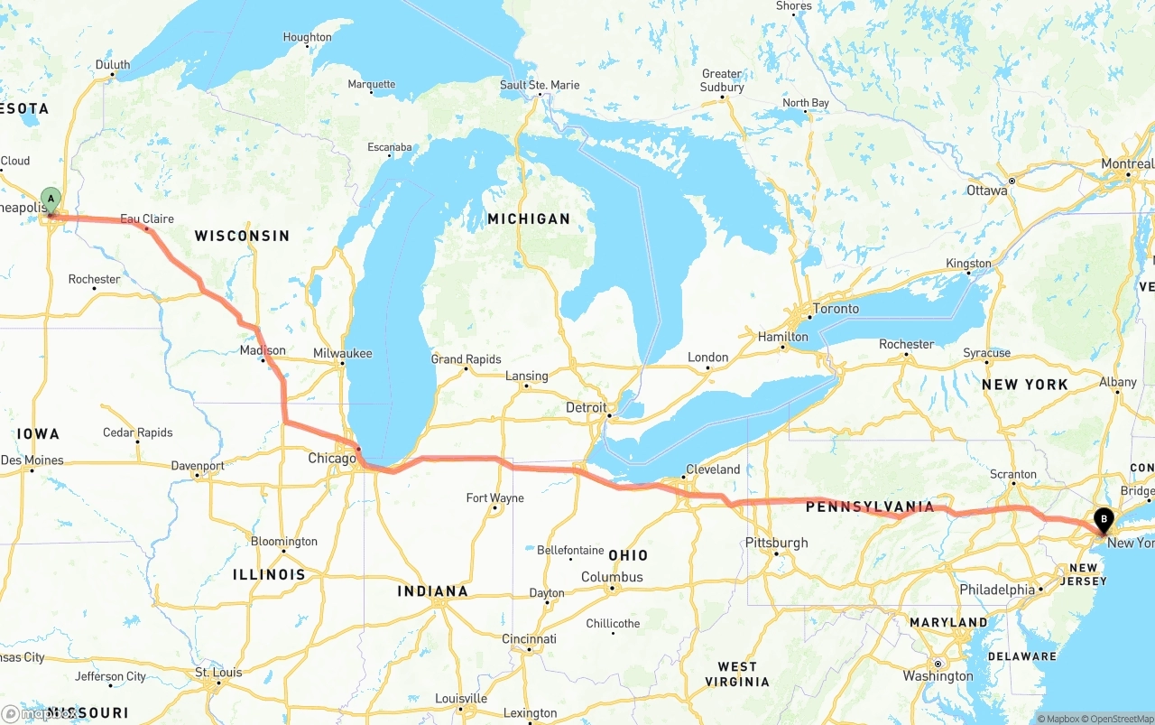 Shipping route from Minneapolis to Port of New York