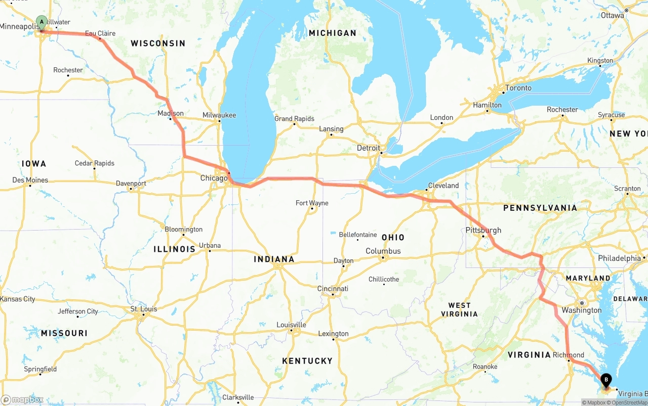Shipping route from Minneapolis to Port of Norfolk