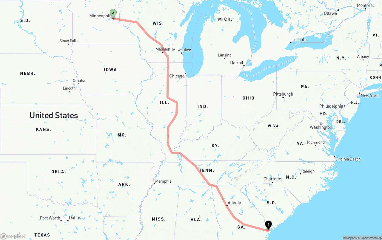 Shipping route from Minneapolis to Port of Savannah
