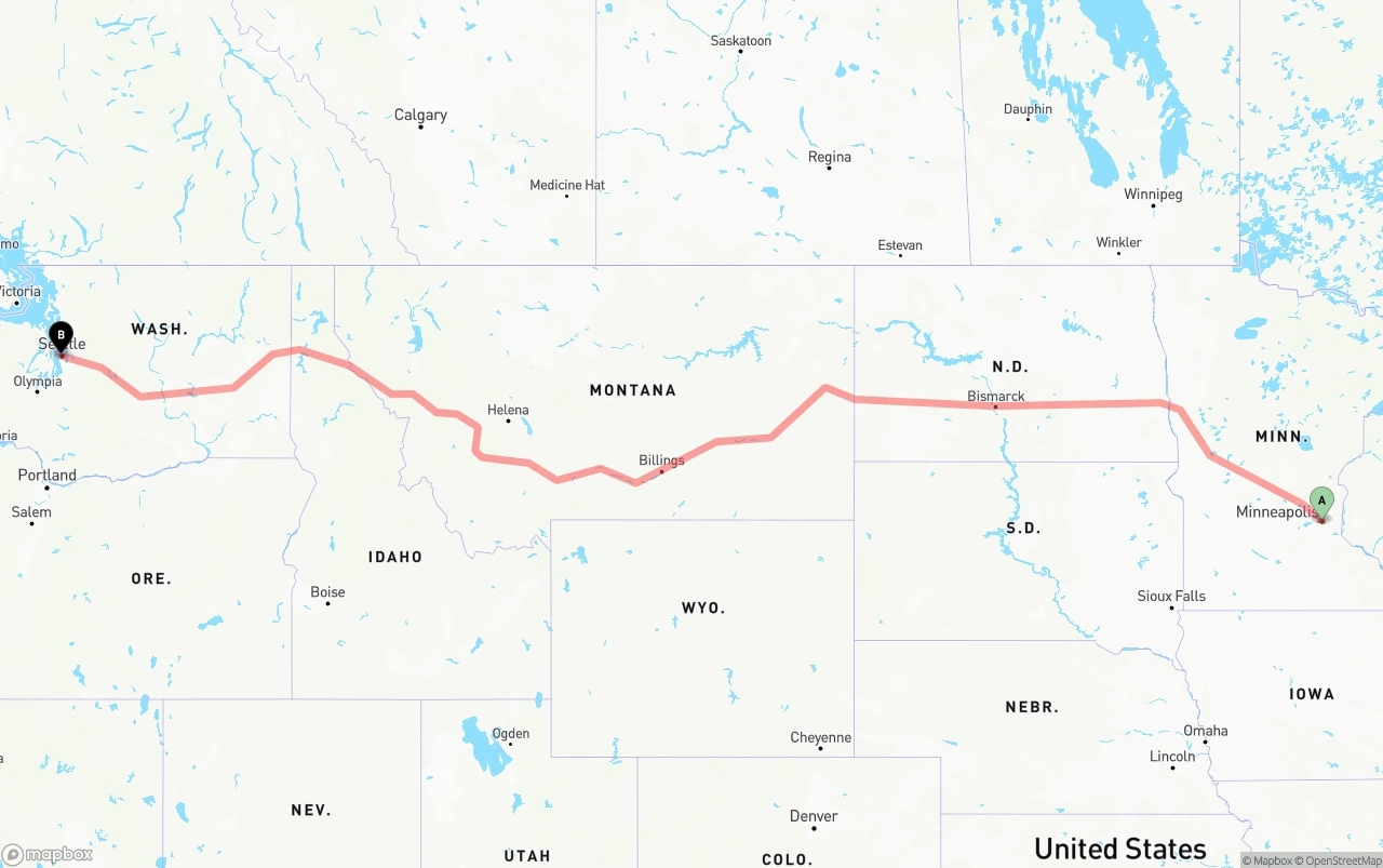 Shipping route from Minneapolis to Port of Seattle