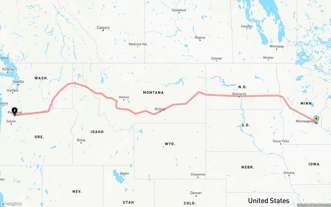 Shipping route from Minneapolis to Portland