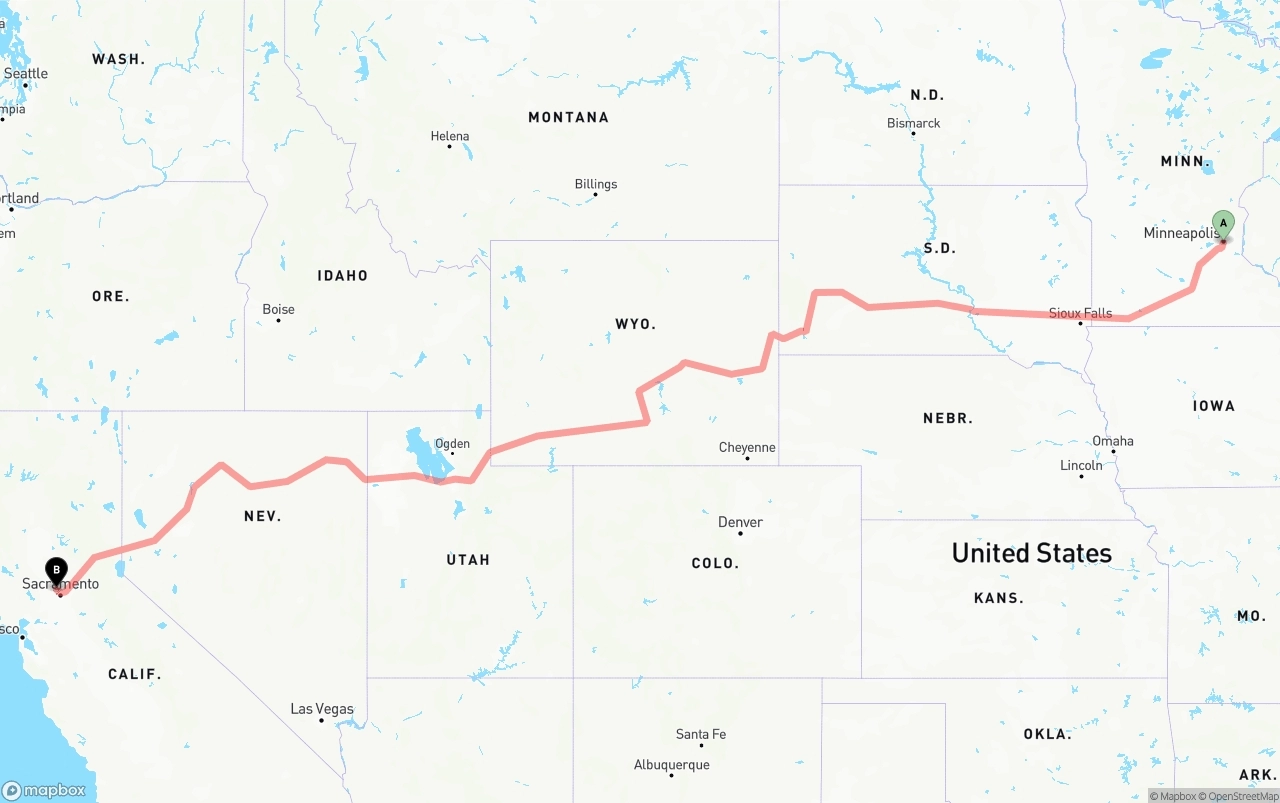 Shipping route from Minneapolis to Sacramento International Airport