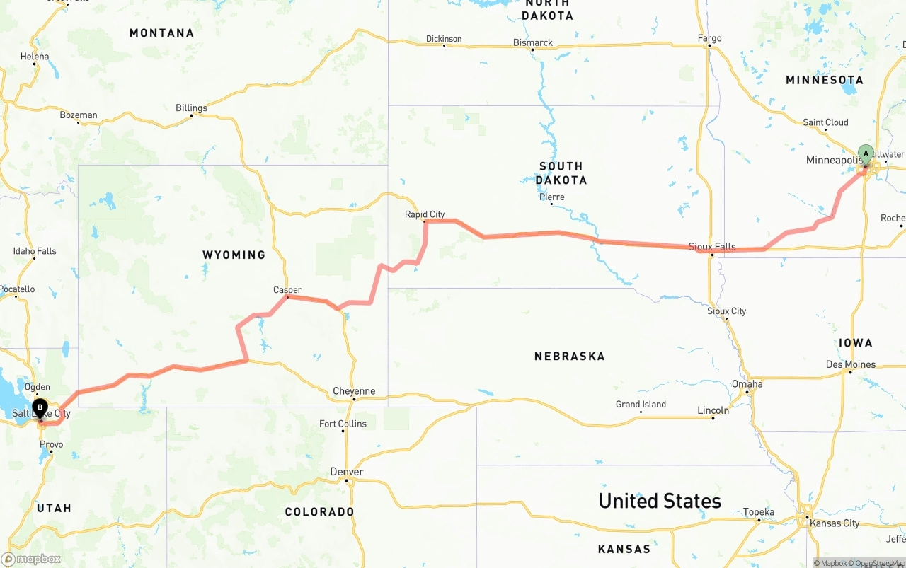 Shipping route from Minneapolis to Salt Lake City