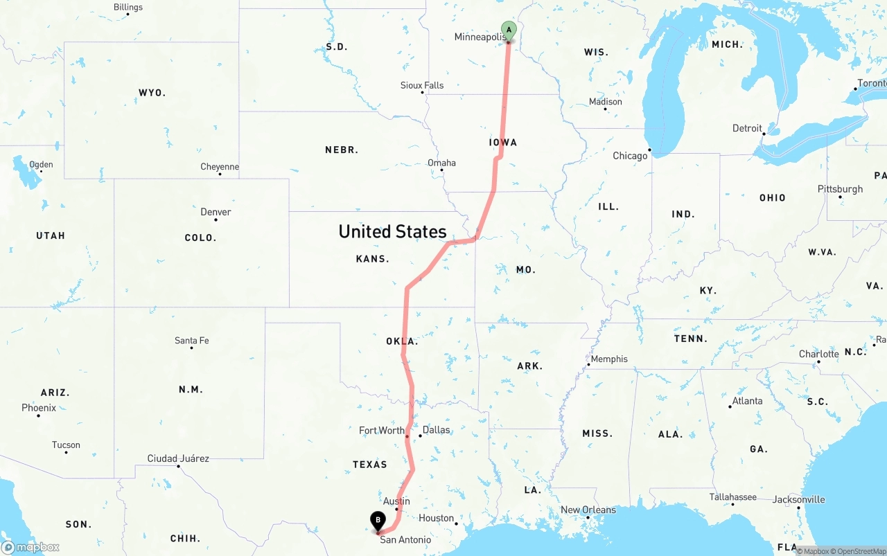 Shipping route from Minneapolis to San Antonio