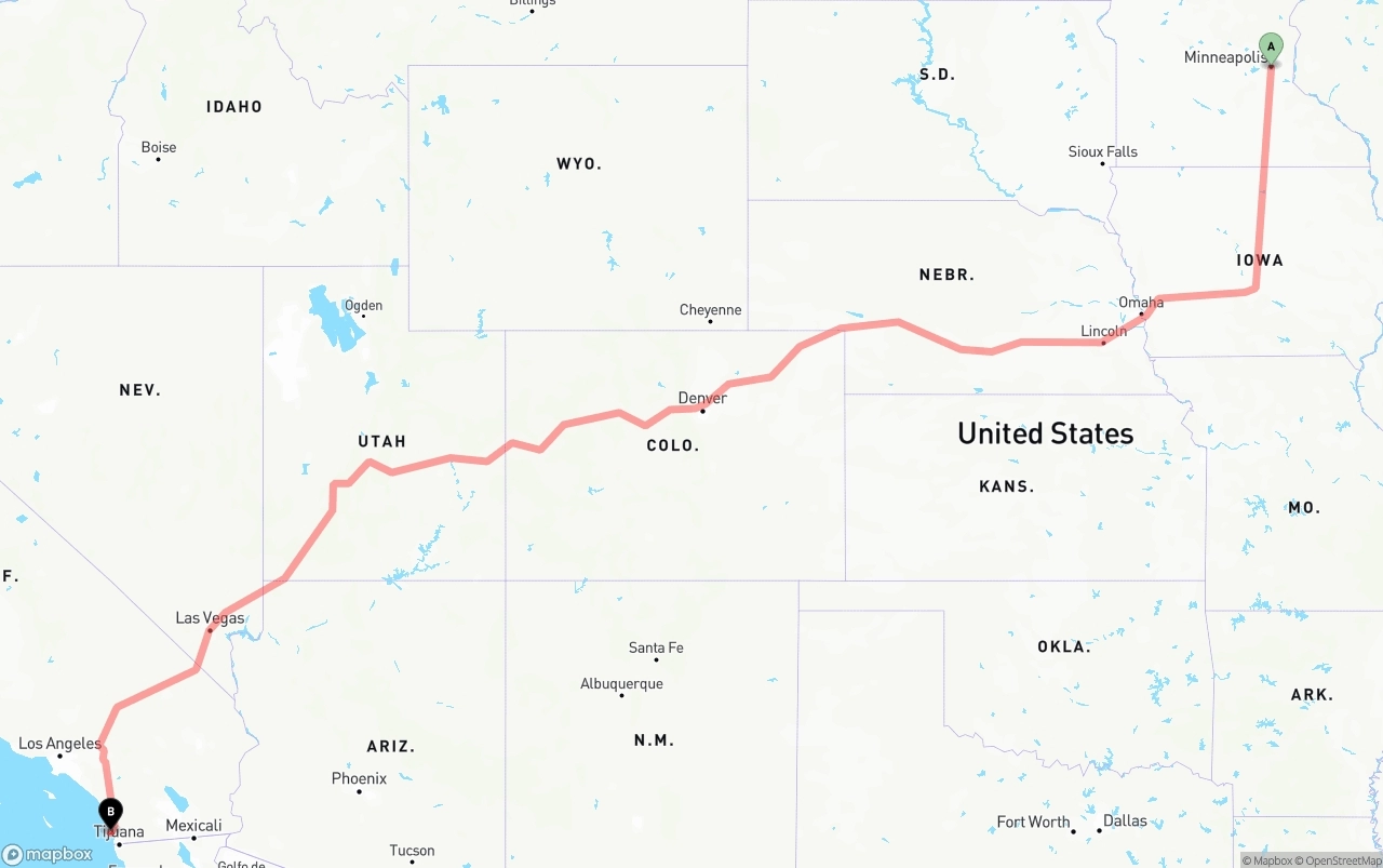 Shipping route from Minneapolis to San Diego International Airport