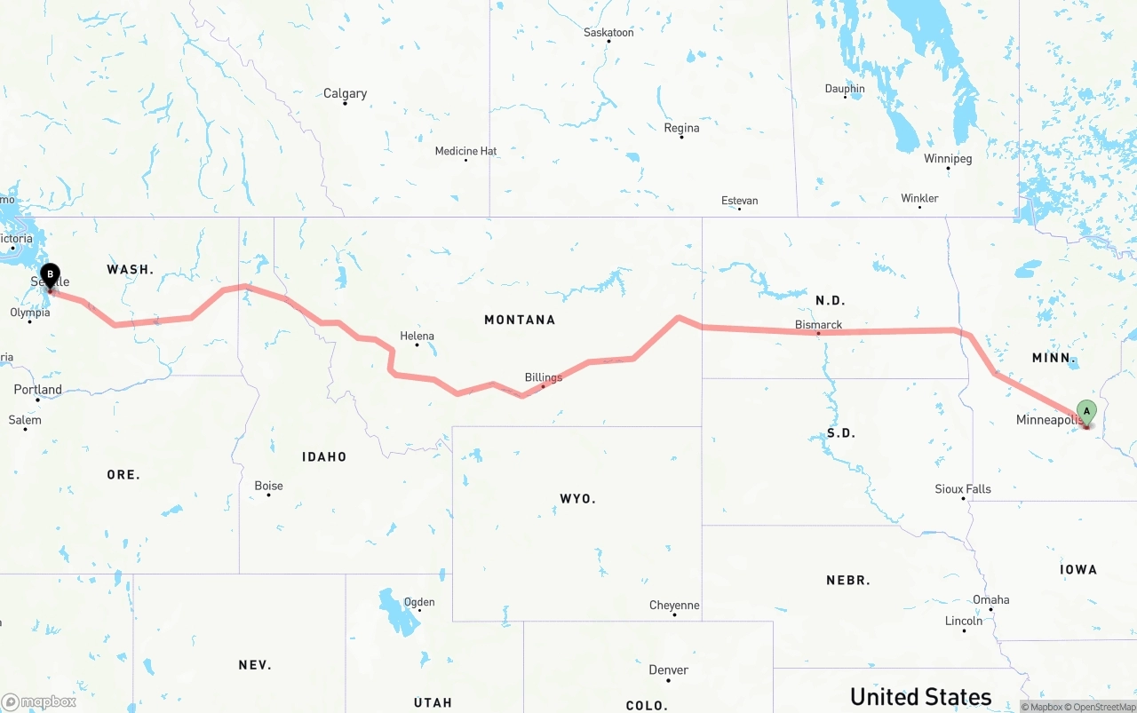Shipping route from Minneapolis to Seattle