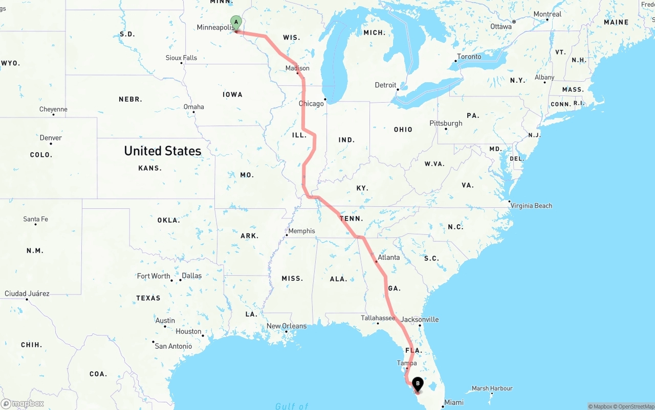 Shipping route from Minneapolis to Southwest Florida International Airport