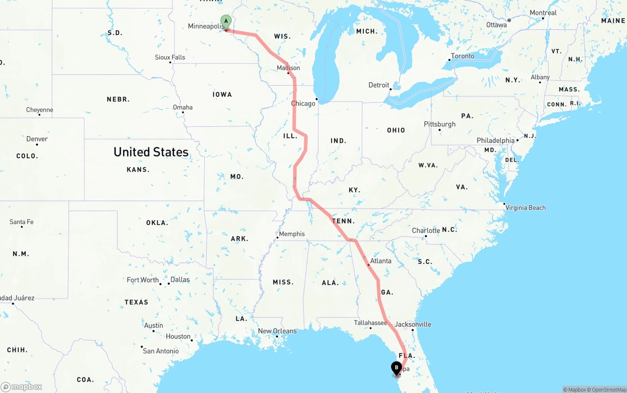 Shipping route from Minneapolis to St. Petersburg